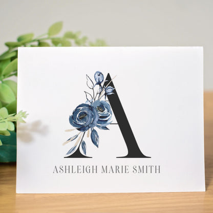 Personalized Monogram Note Cards - Custom Blue Flower Notecards with Envelopes