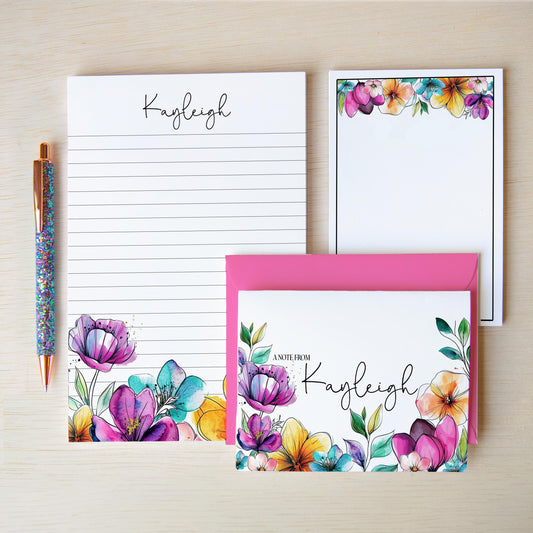 Personalized Stationery Set | Premium Letter Paper, Notecards & Rainbow Flower Notepad Gift Set