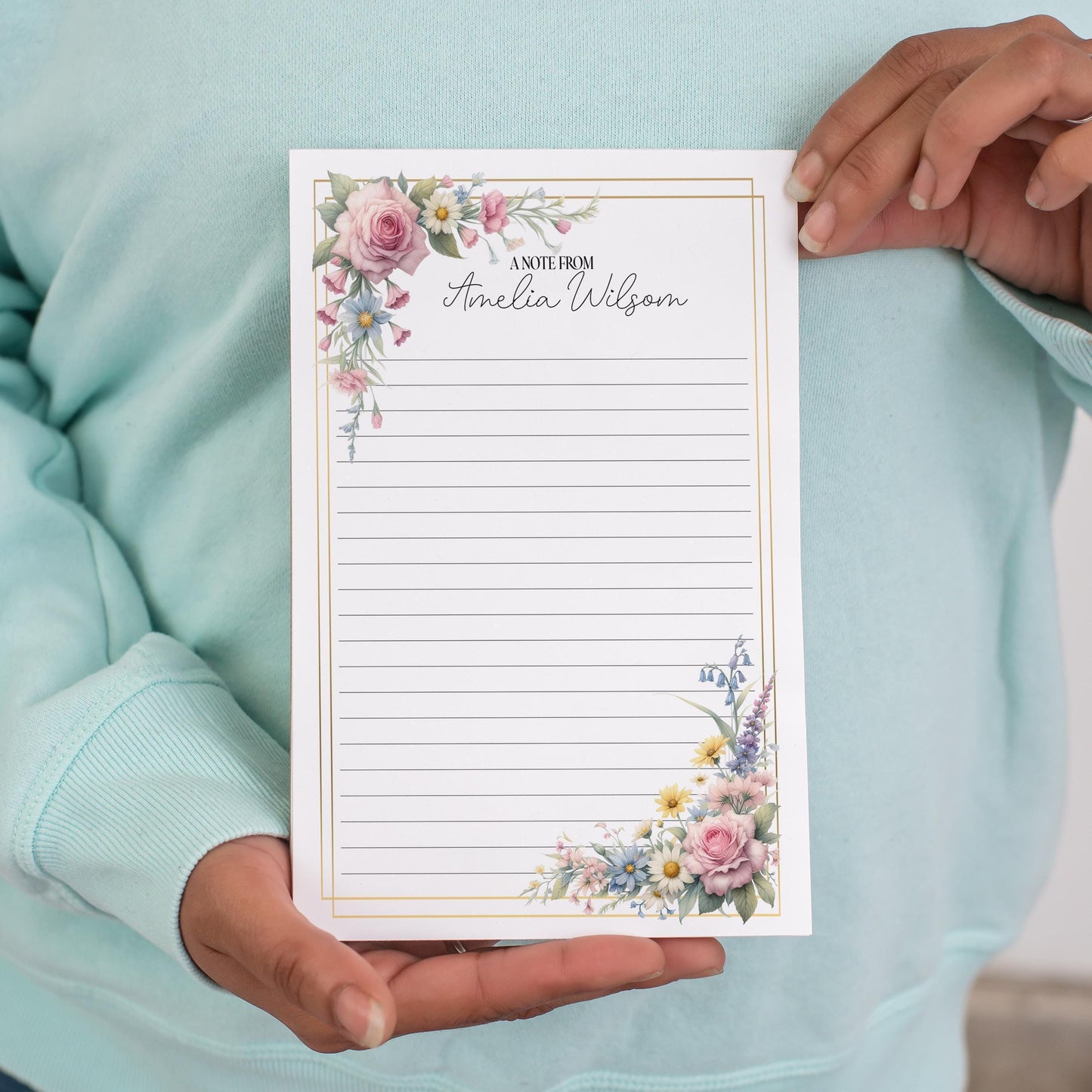 Personalized Notepad – Custom Name Notepad with Floral Design, Lined Sheets & Peel Away Pages