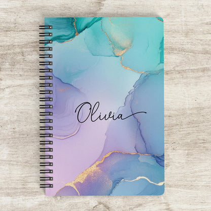 Personalized Notebook - Custom Name Marble Teal Journal | Spiral Bound, Lined & Blank Pages