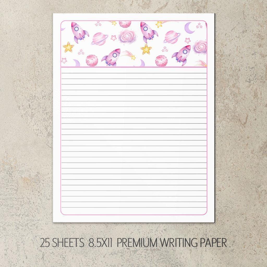Girls Stationery Set - Personalized Kids Letter Writing Kit with Pink Astronaut Notebook & Space Rocket Paper