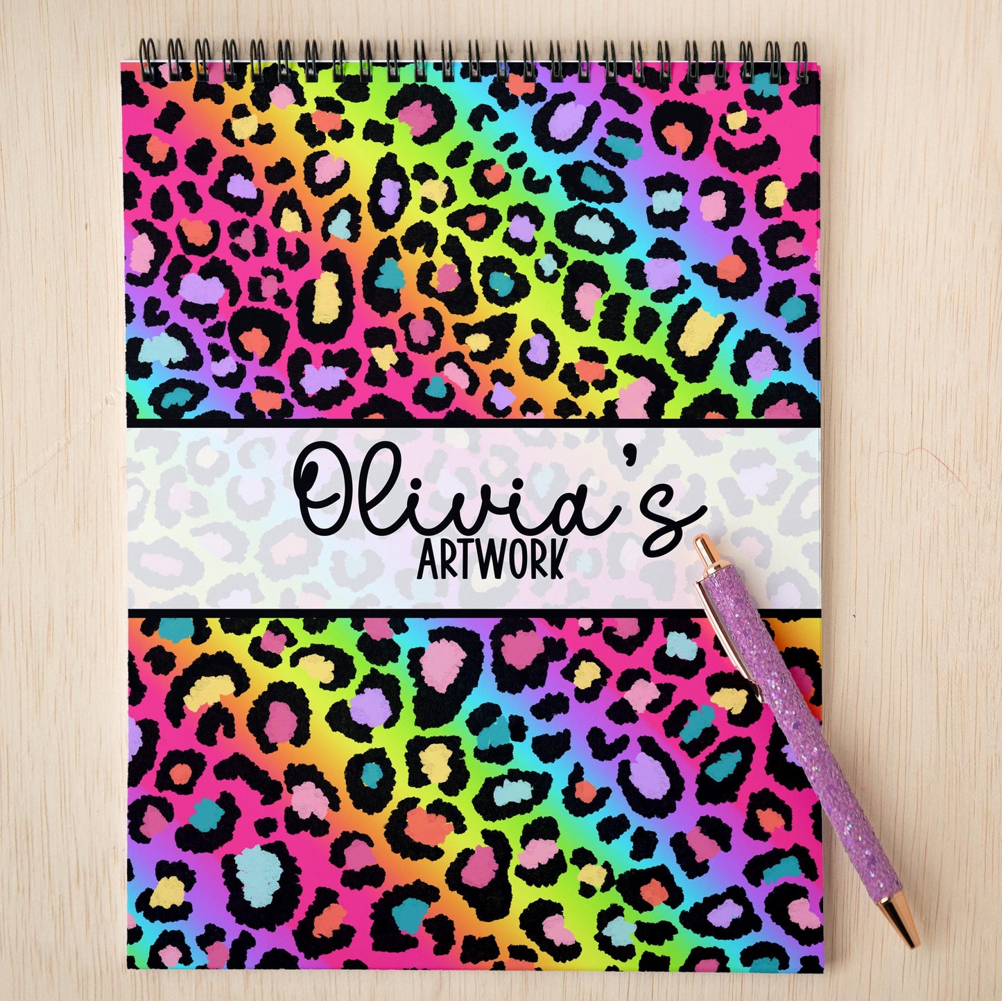Girls Personalized Sketchbook - Rainbow Leopard Sketchbook with Heavyweight Drawing Paper