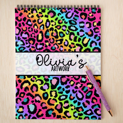 Girls Personalized Sketchbook - Rainbow Leopard Sketchbook with Heavyweight Drawing Paper