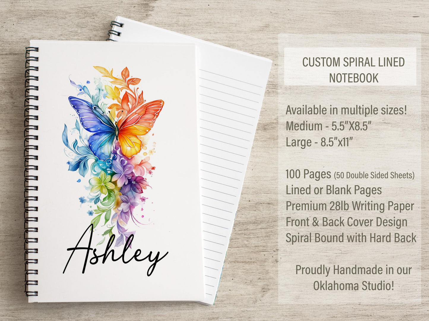 Personalized Notebook - Custom Rainbow Butterfly Spiral Bound Journal with Lined Pages