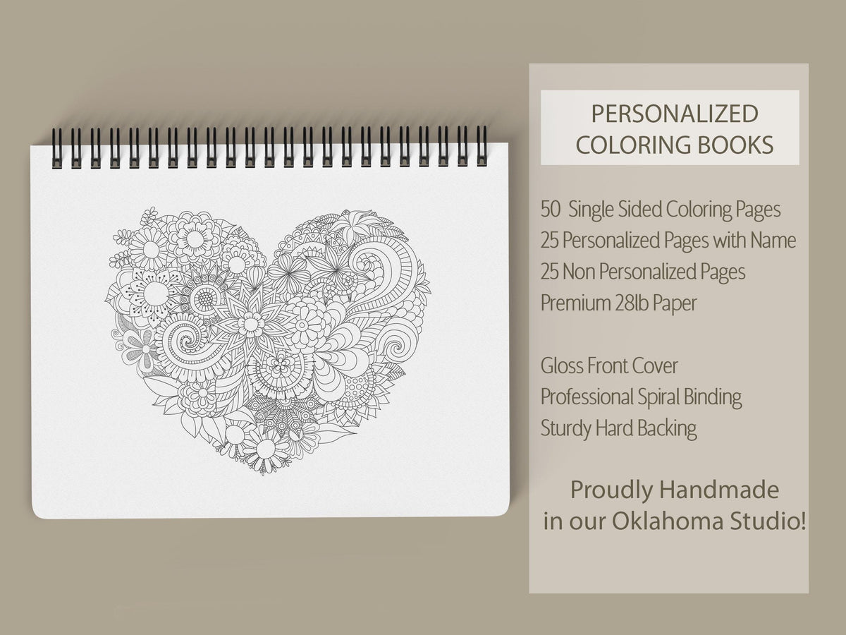 Personalized Coloring Book, 50 Pages, Spiral 11x8.5 Gift For Teens