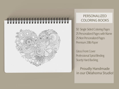 Personalized Coloring Book, 50 Pages, Spiral 11x8.5 Gift For Teens