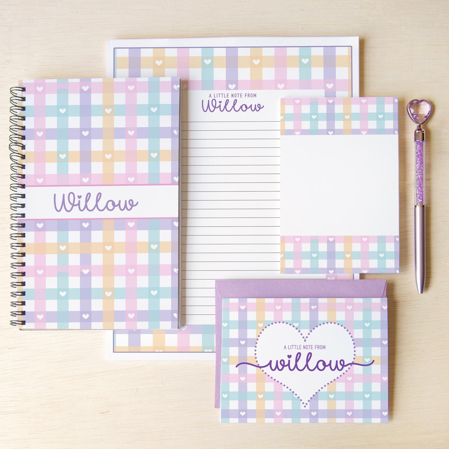 Personalized Stationery Set - Kids Letter Writing Kit with Heart Notebook & Envelopes