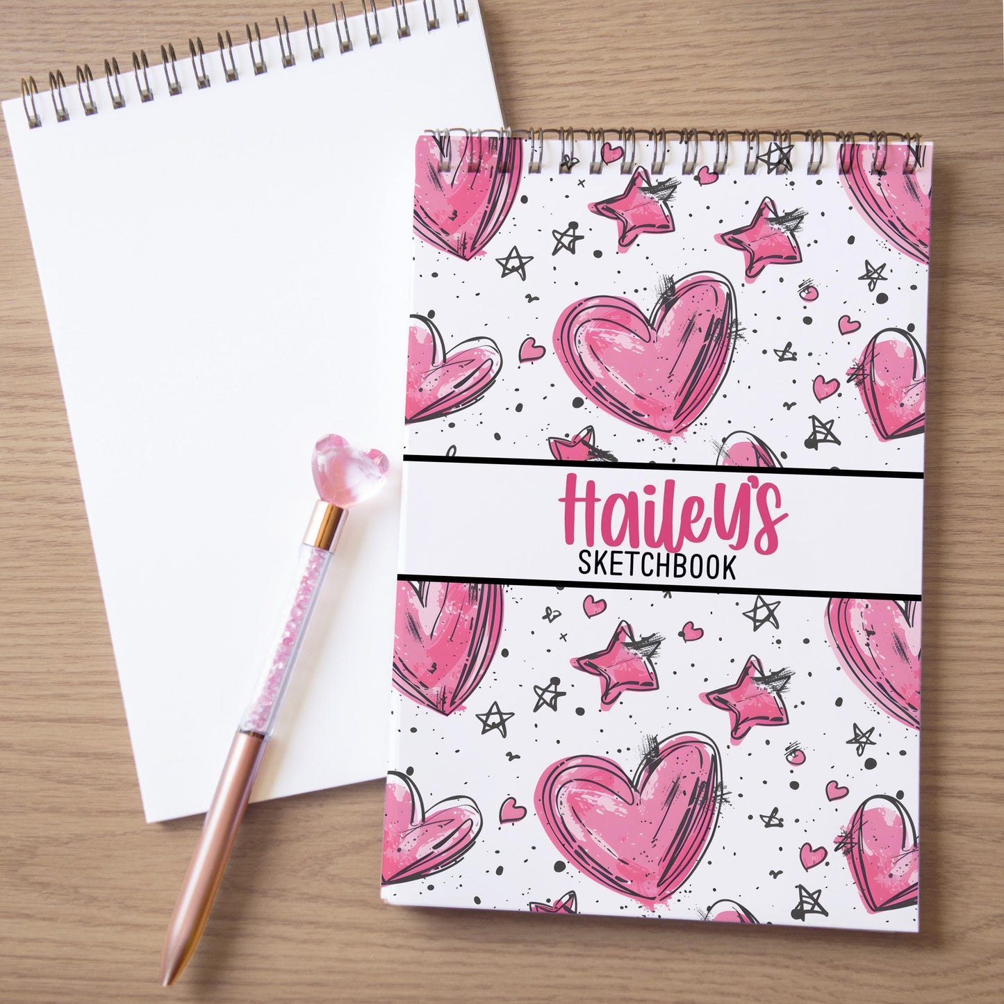Personalized Kids Sketchbook - Custom Drawing Pad With Pink Heart Doodle, Spiral Bound Art Book