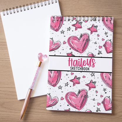 Personalized Kids Sketchbook - Custom Drawing Pad With Pink Heart Doodle, Spiral Bound Art Book