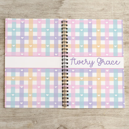 Custom Girls Notebook - Personalized Journal With Pastel Gingham Design | Spiral Bound