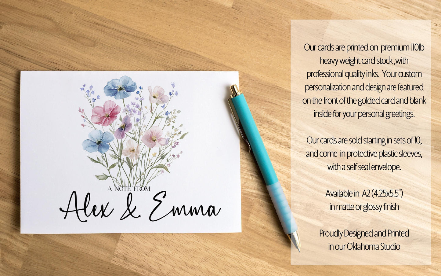 Personalized Note Cards – Wildflower Stationery Set of 10 Cards with Custom Envelope Colors
