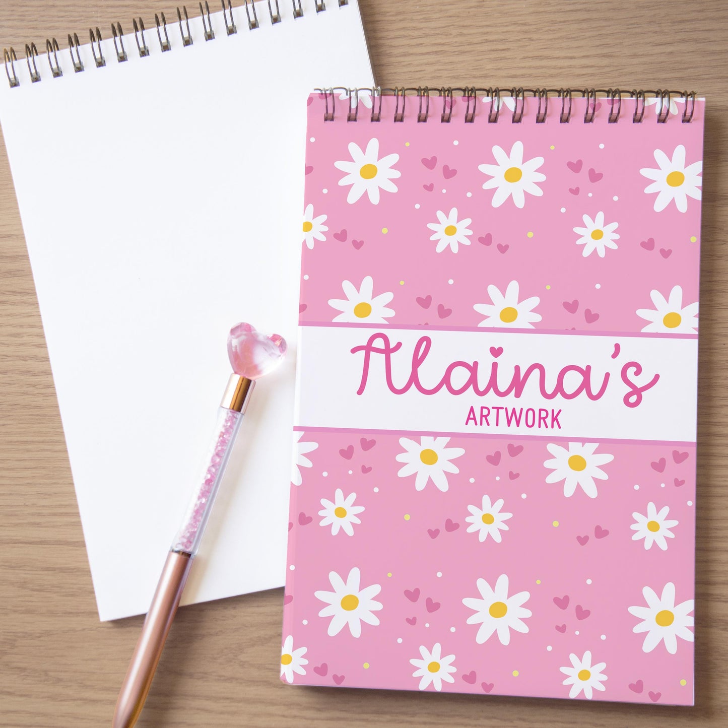 Girls Personalized Sketchbook - Custom Name Pink Daisy Drawing Pad with Heavyweight Paper