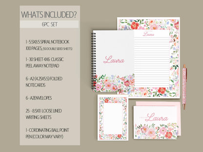 Personalized Stationery Set - Custom Letter Writing Sets with Floral Notepads & Pink Flower Notebook