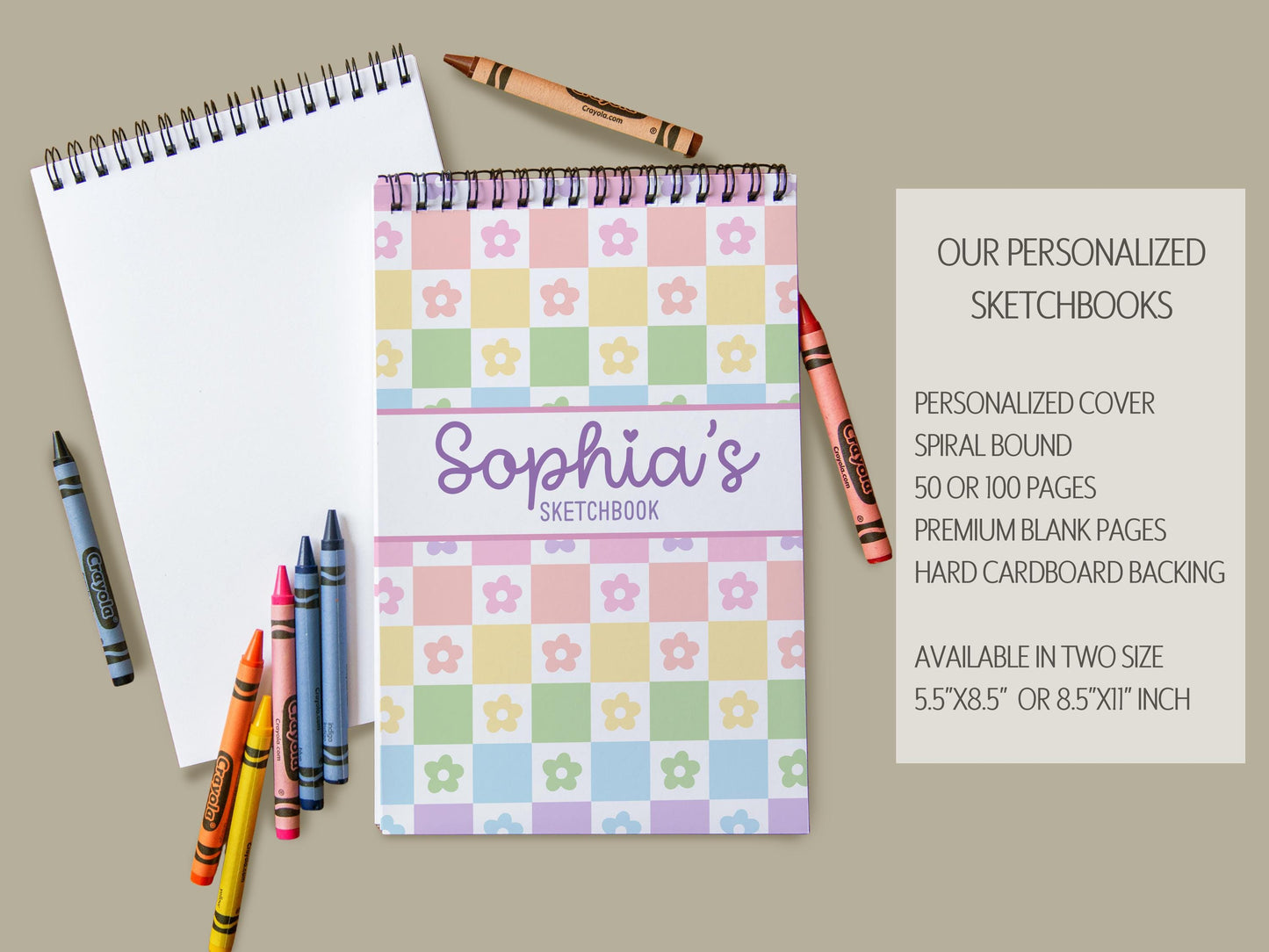 Girls Personalized Sketchbook - Custom Kids Drawing Pad With Rainbow Checkers Cover