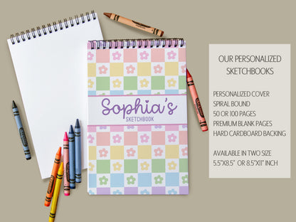 Girls Personalized Sketchbook - Custom Kids Drawing Pad With Rainbow Checkers Cover