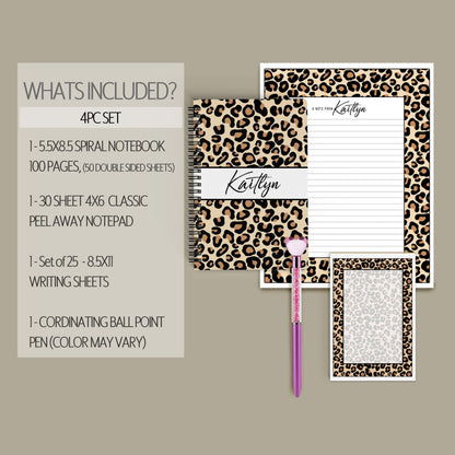 Personalized Stationery Set - Leopard Print Writing Paper & Notecards Gift