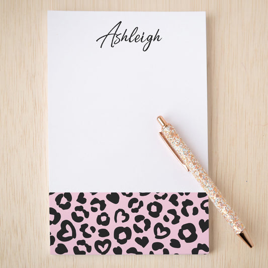 Personalized Leopard Notepad - Custom Pink Notepad with Hard Backing, Easy Tear Away Pages