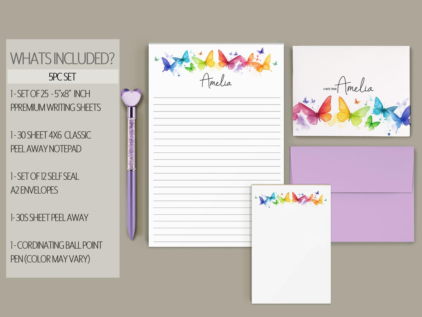 Personalized Stationery Set - Rainbow Butterfly Letter Writing Sets with Premium Paper & Self-Seal Envelopes