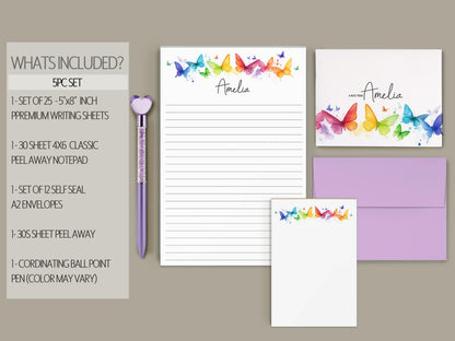 Personalized Stationery Set - Rainbow Butterfly Letter Writing Sets with Premium Paper & Self-Seal Envelopes