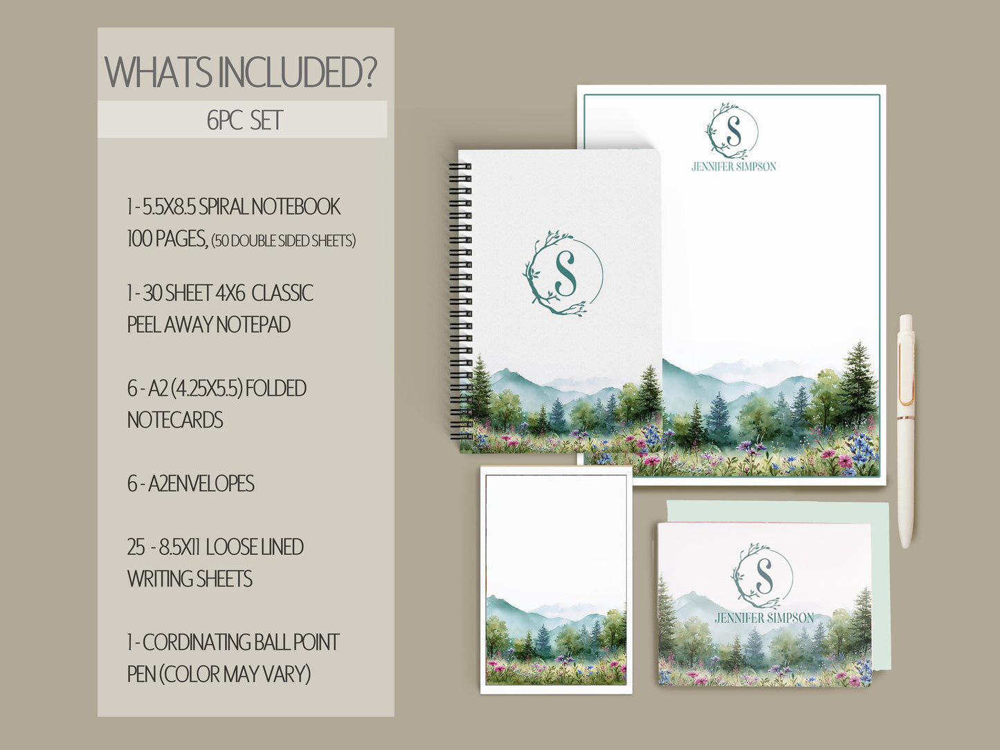 Personalized Stationery Set – Floral Notebook & Envelope Notecard Writing Gift