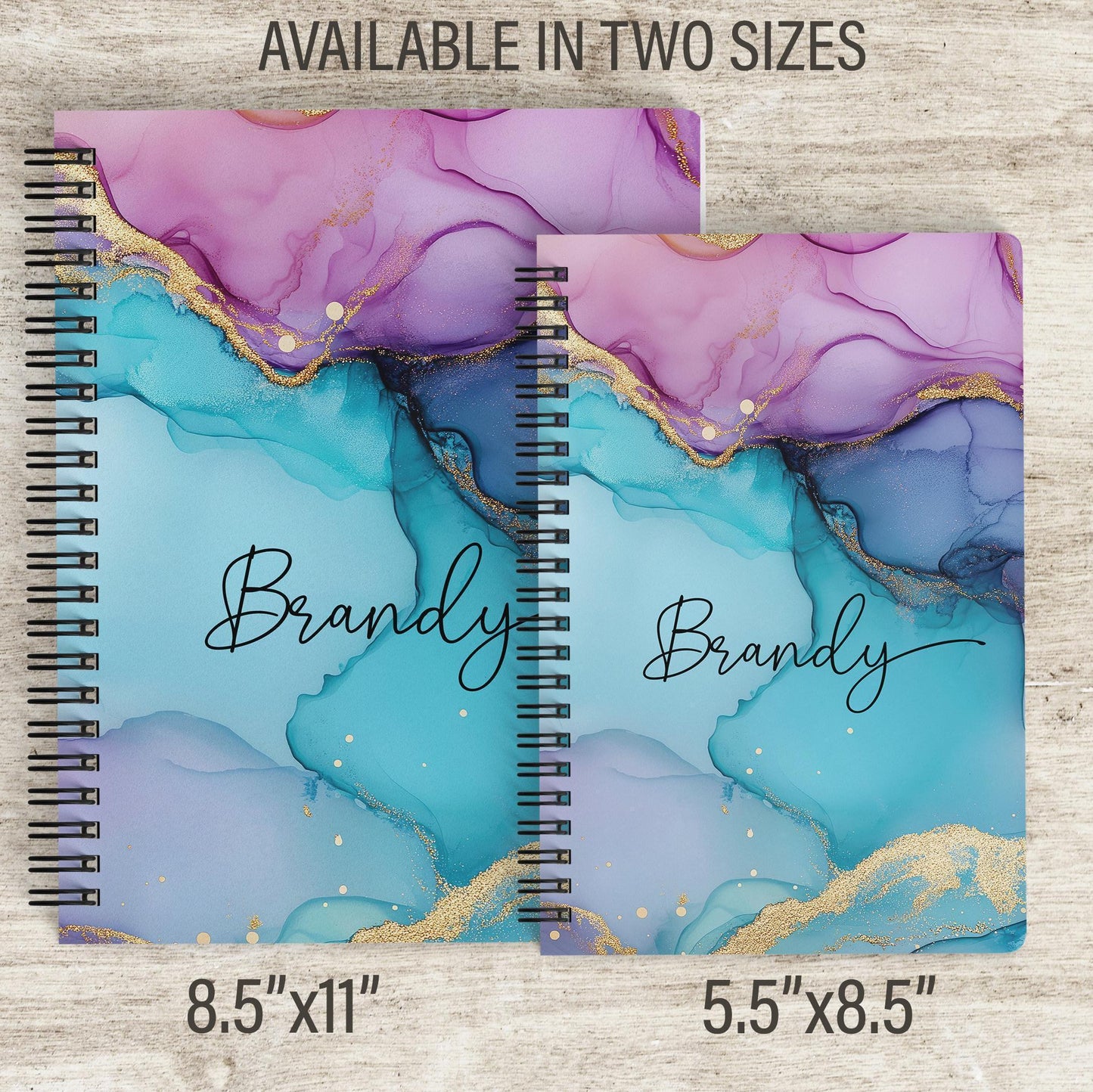 Personalized Notebook - Custom Marbled Ink Journal with Name | Spiral Bound, Purple Teal Gift