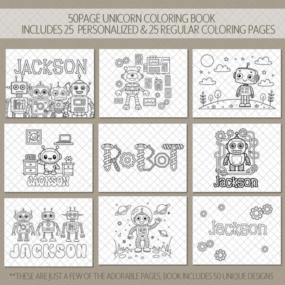 Personalized Robot Coloring Book - Custom Boys Art Book With Name & Party Favor Gifts