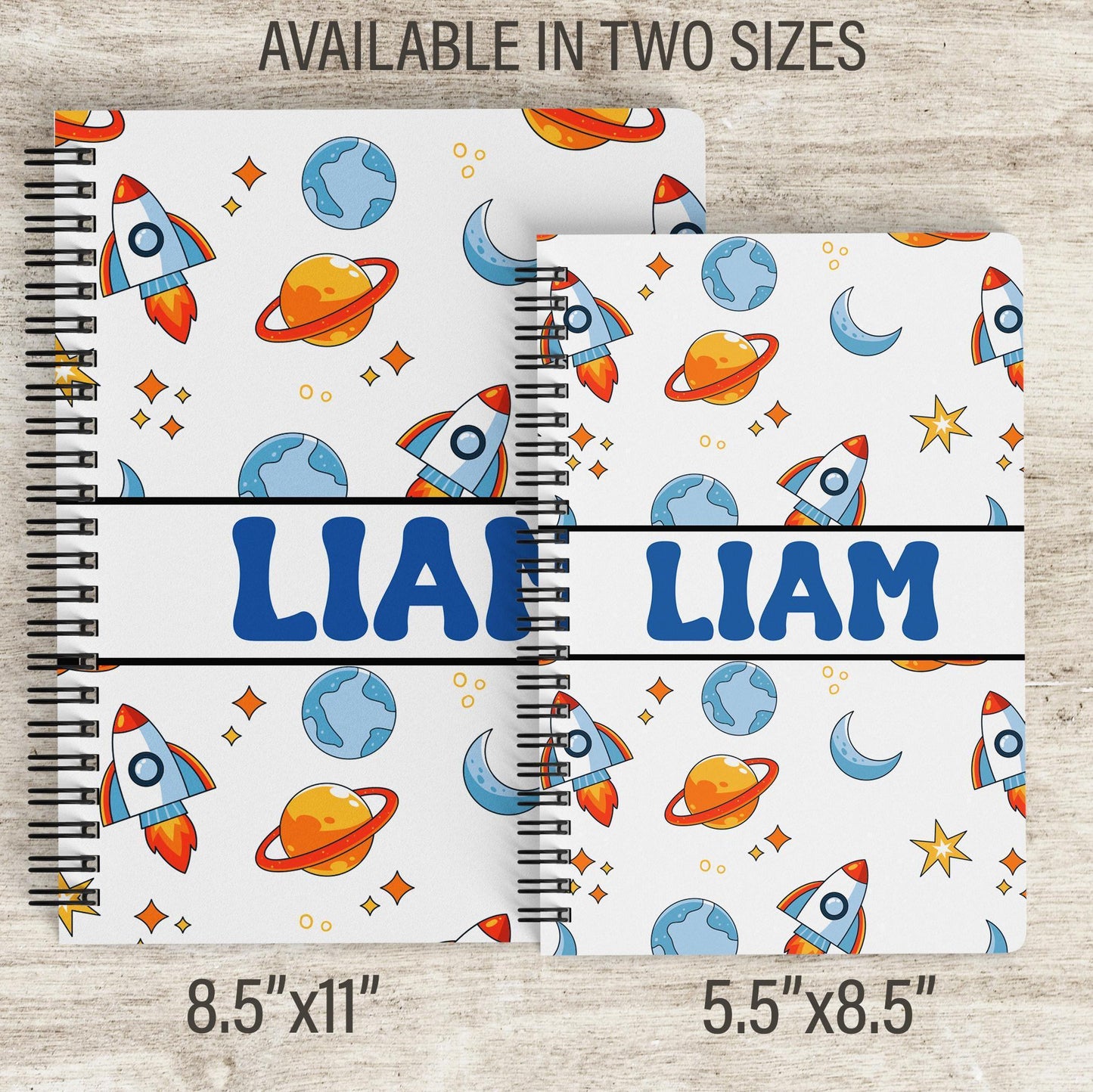 Custom Boys Notebook - Personalized Space Rocket Spiral Bound Journal with Lined or Blank Pages