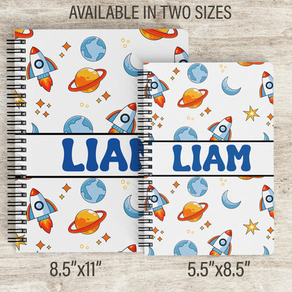 Custom Boys Notebook - Personalized Space Rocket Spiral Bound Journal with Lined or Blank Pages
