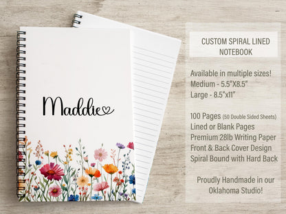 Personalized Girls Notebook - Custom Kids Notebooks | Wildflower Name Spiral Bound Journal