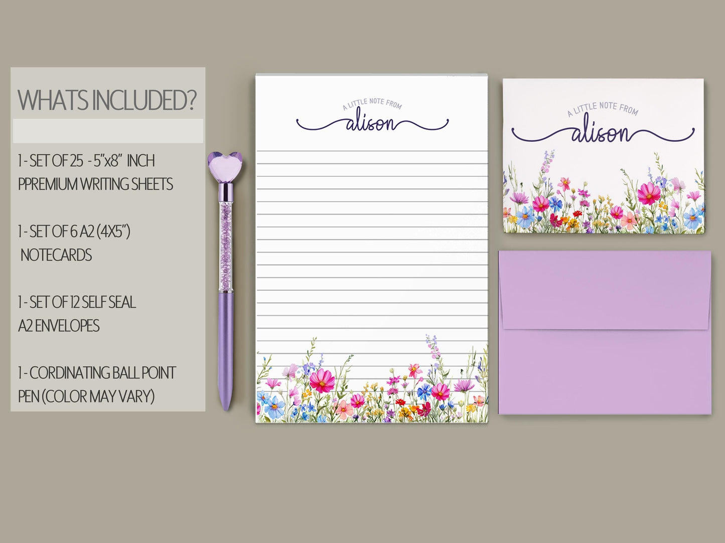 Personalized Stationery Set - Wildflower Letter Writing Set With Envelopes & Notecards