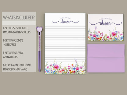 Personalized Stationery Set - Wildflower Letter Writing Set With Envelopes & Notecards