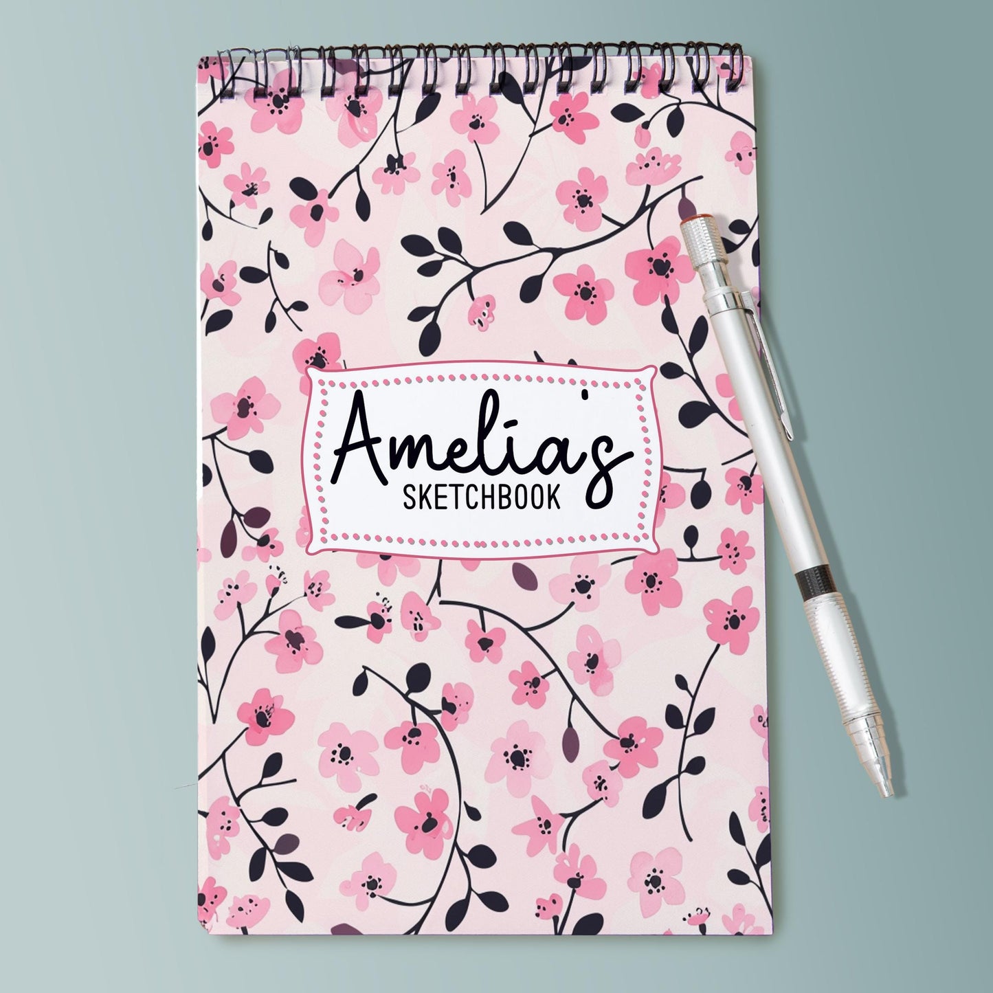Girls Personalized Sketchbook – Custom Art Book with Pink Floral Cover | Heavyweight Spiral Bound Drawing Pad