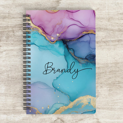 Personalized Notebook - Custom Marbled Ink Journal with Name | Spiral Bound, Purple Teal Gift