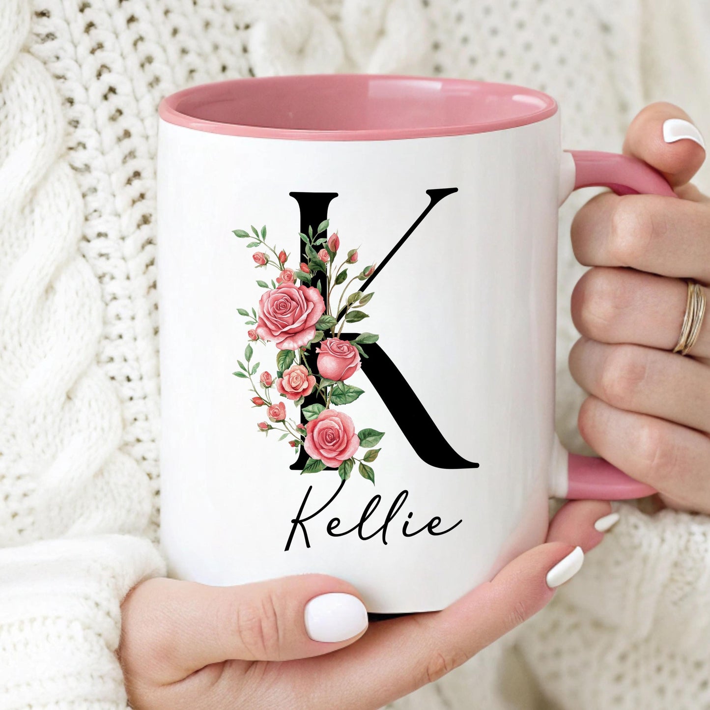 Custom Birth Flower Mug – Personalized Rose Flower Cup | Monogram Initial & Birthday Gift