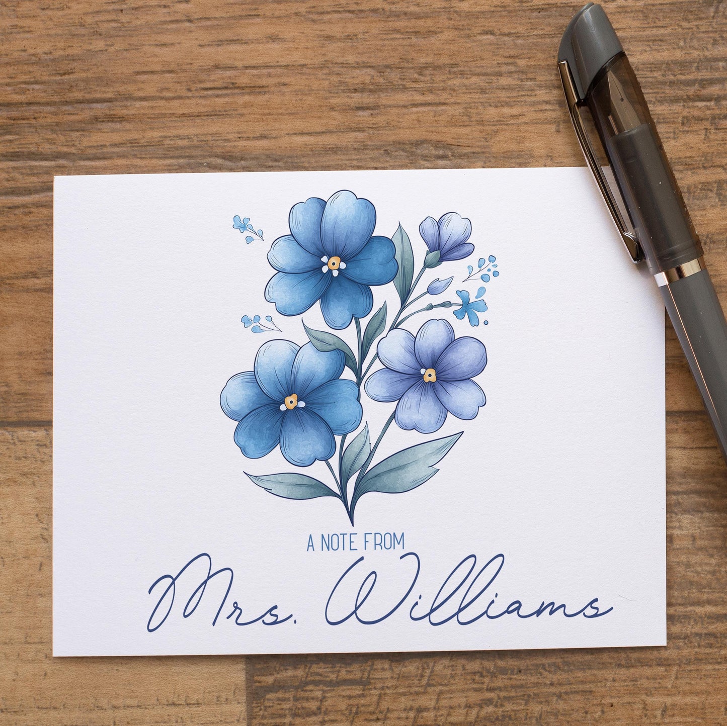 Personalized Note Cards – Blue Wildflower Floral Thank You Notes with Matching Envelopes