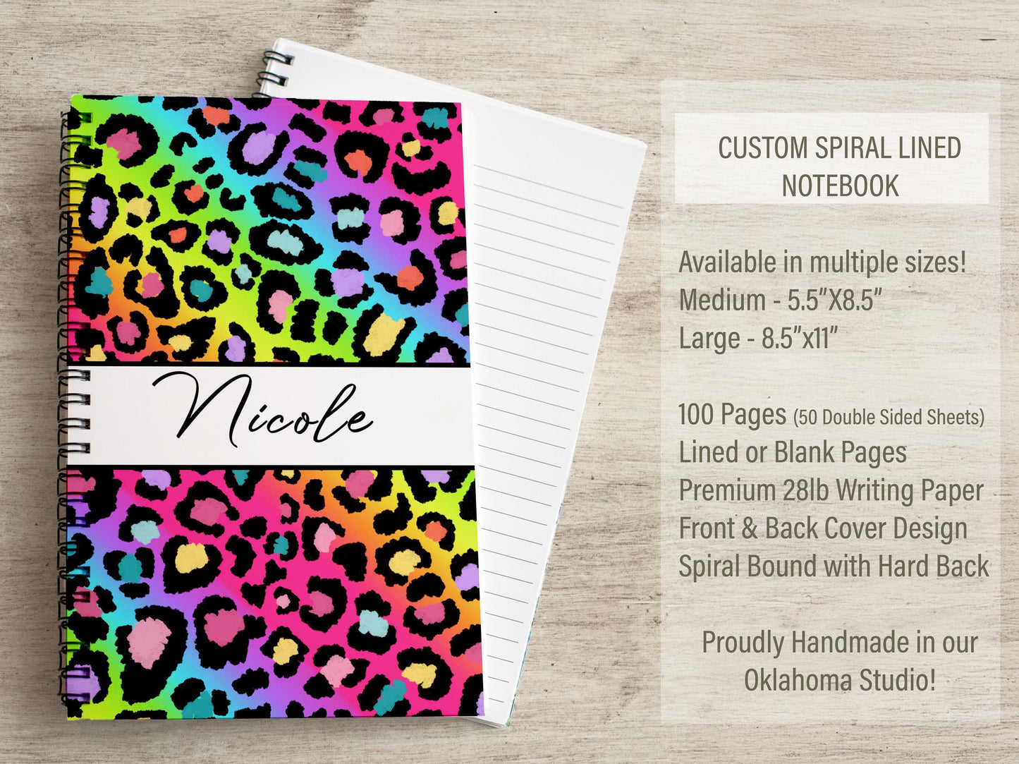 Custom Spiral Notebooks - Personalized Rainbow Cheetah Print Kids Name Journals