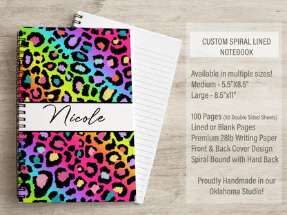 Custom Spiral Notebooks - Personalized Rainbow Cheetah Print Kids Name Journals