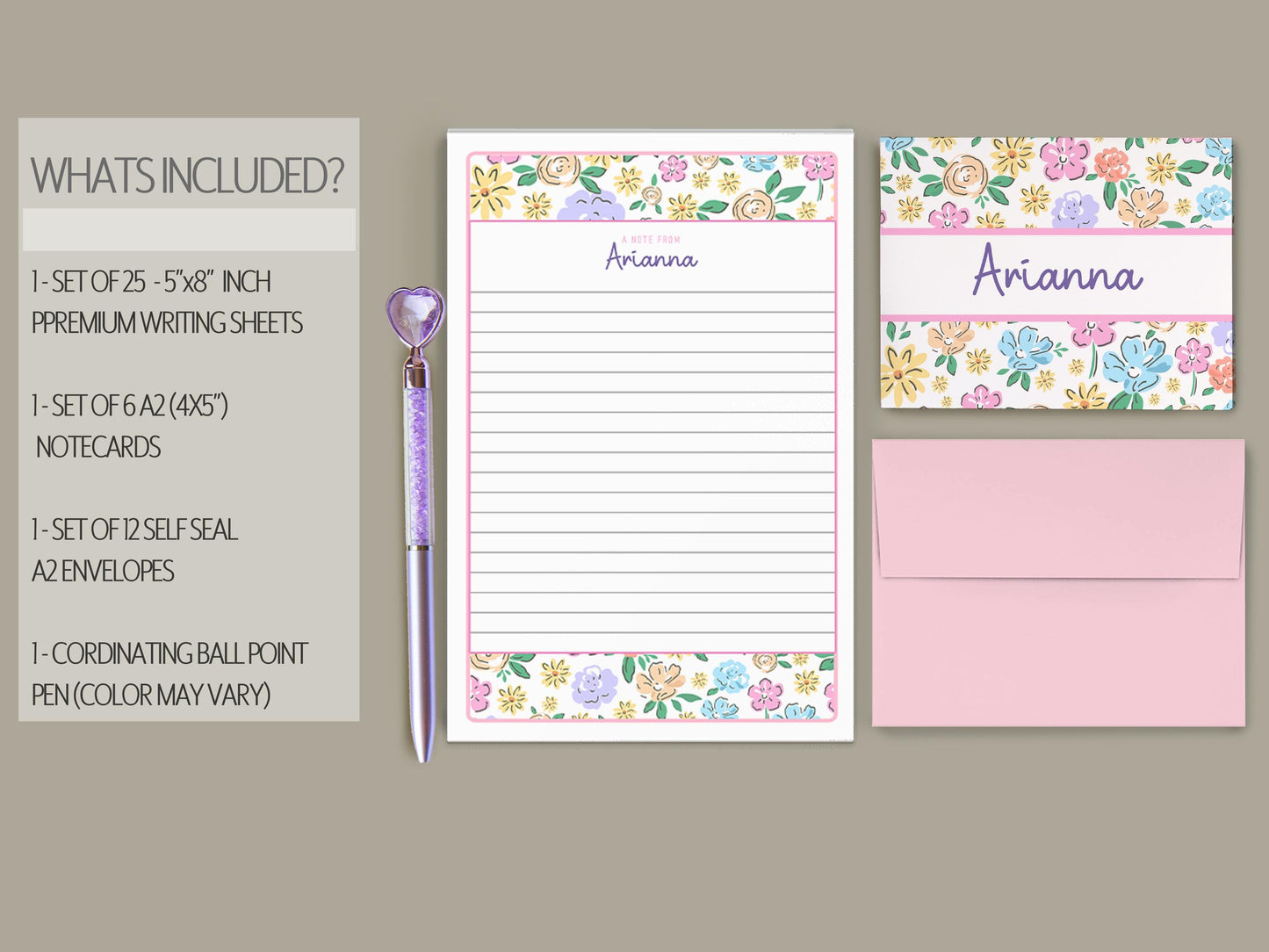Personalized Stationery Set - Wildflower Print Letter Writing Set with Self-Seal Envelopes & Notecards