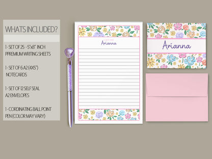 Personalized Stationery Set - Wildflower Print Letter Writing Set with Self-Seal Envelopes & Notecards