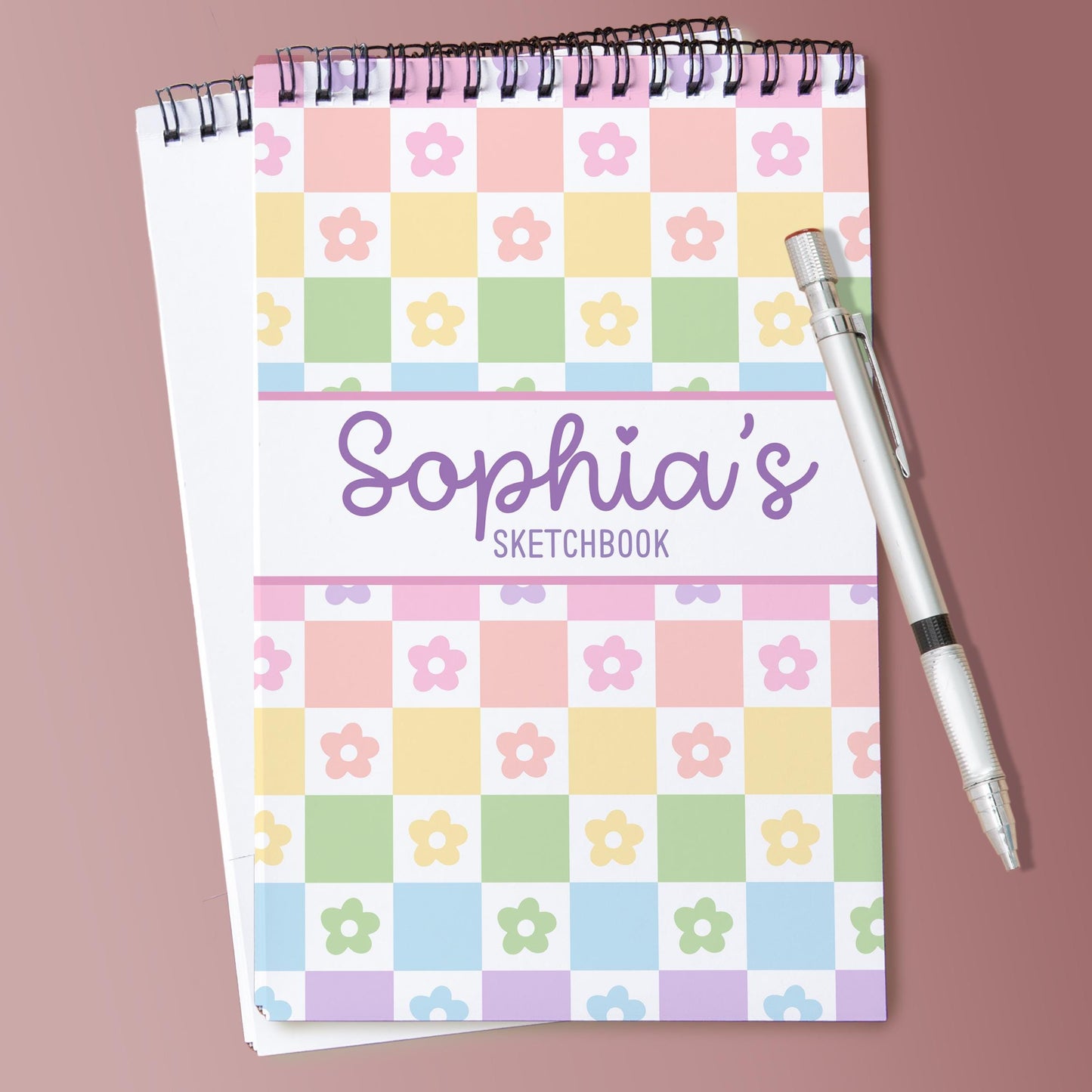 Girls Personalized Sketchbook - Custom Kids Drawing Pad With Rainbow Checkers Cover