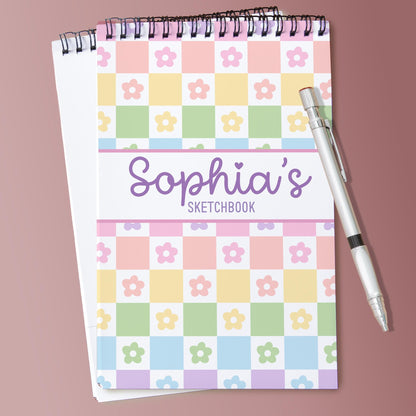 Girls Personalized Sketchbook - Custom Kids Drawing Pad With Rainbow Checkers Cover