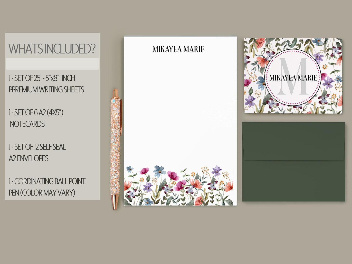 Personalized Stationery Set - Wildflower Letter Writing Set with Notecards & Pen
