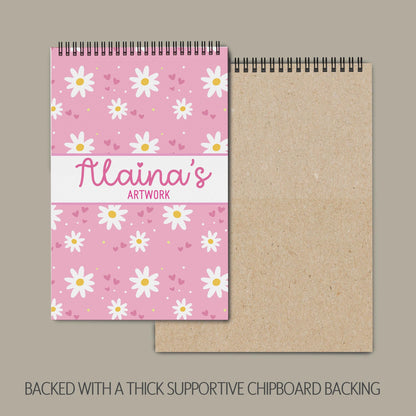 Girls Personalized Sketchbook - Custom Name Pink Daisy Drawing Pad with Heavyweight Paper
