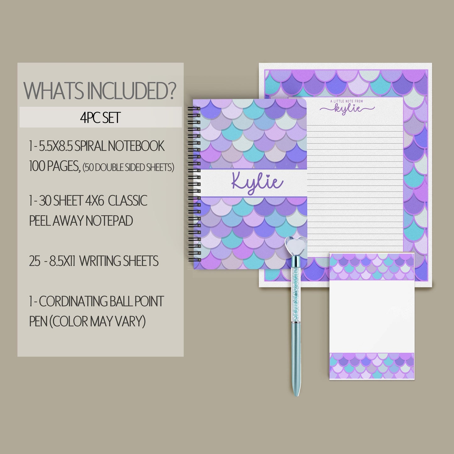 Mermaid Stationery Set - Personalized Kids Letter Writing Kit with Spiral Notebook & Envelopes