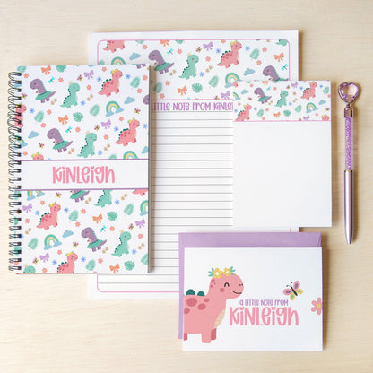 Kids Dino Stationery Set - Personalized Dinosaur Writing Paper & Notepad with Stickers