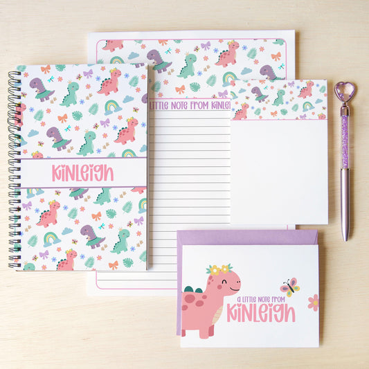 Kids Dino Stationery Set - Personalized Dinosaur Writing Paper & Notepad with Stickers