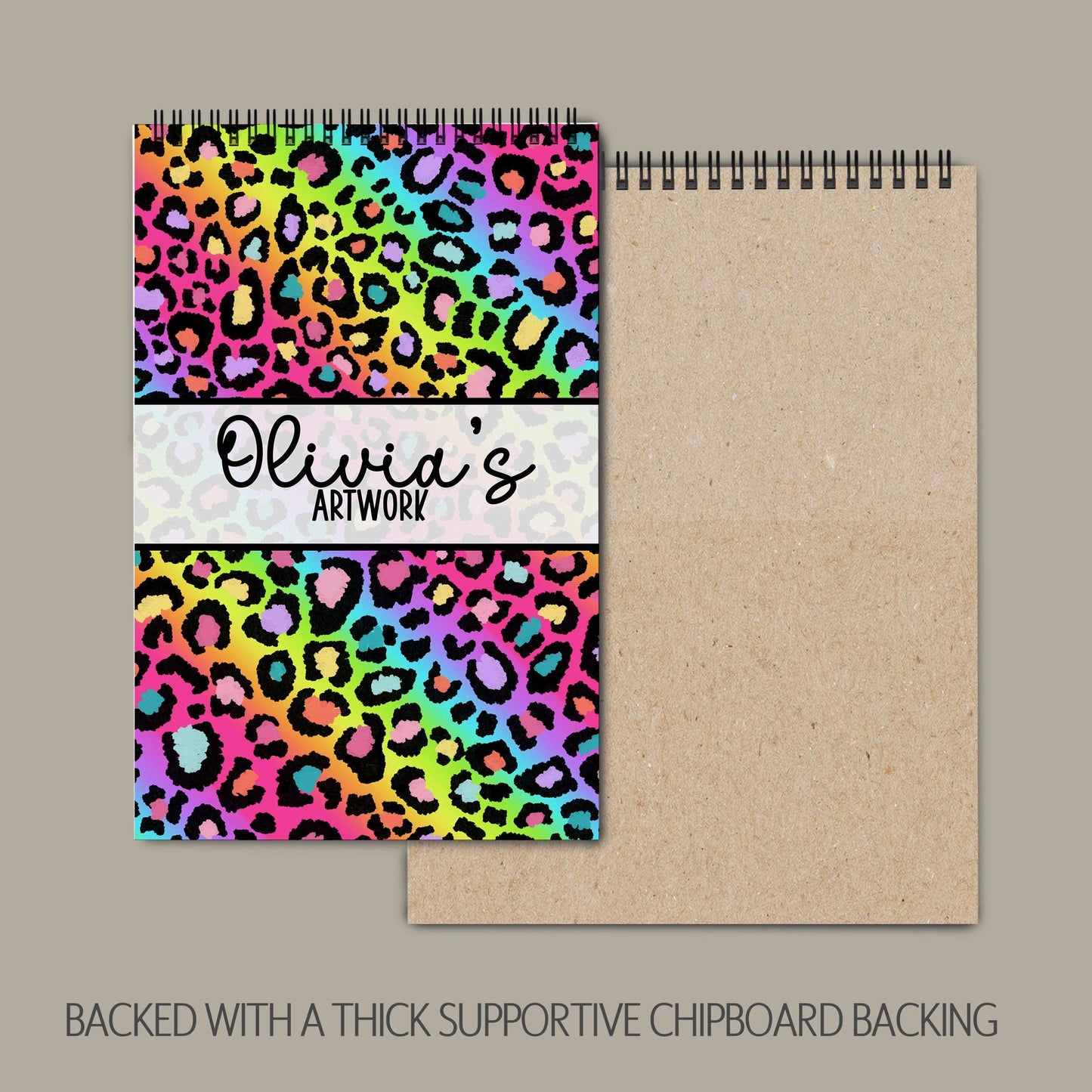 Girls Personalized Sketchbook - Rainbow Leopard Sketchbook with Heavyweight Drawing Paper
