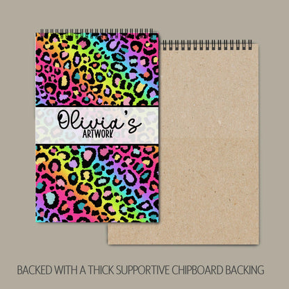 Girls Personalized Sketchbook - Rainbow Leopard Sketchbook with Heavyweight Drawing Paper