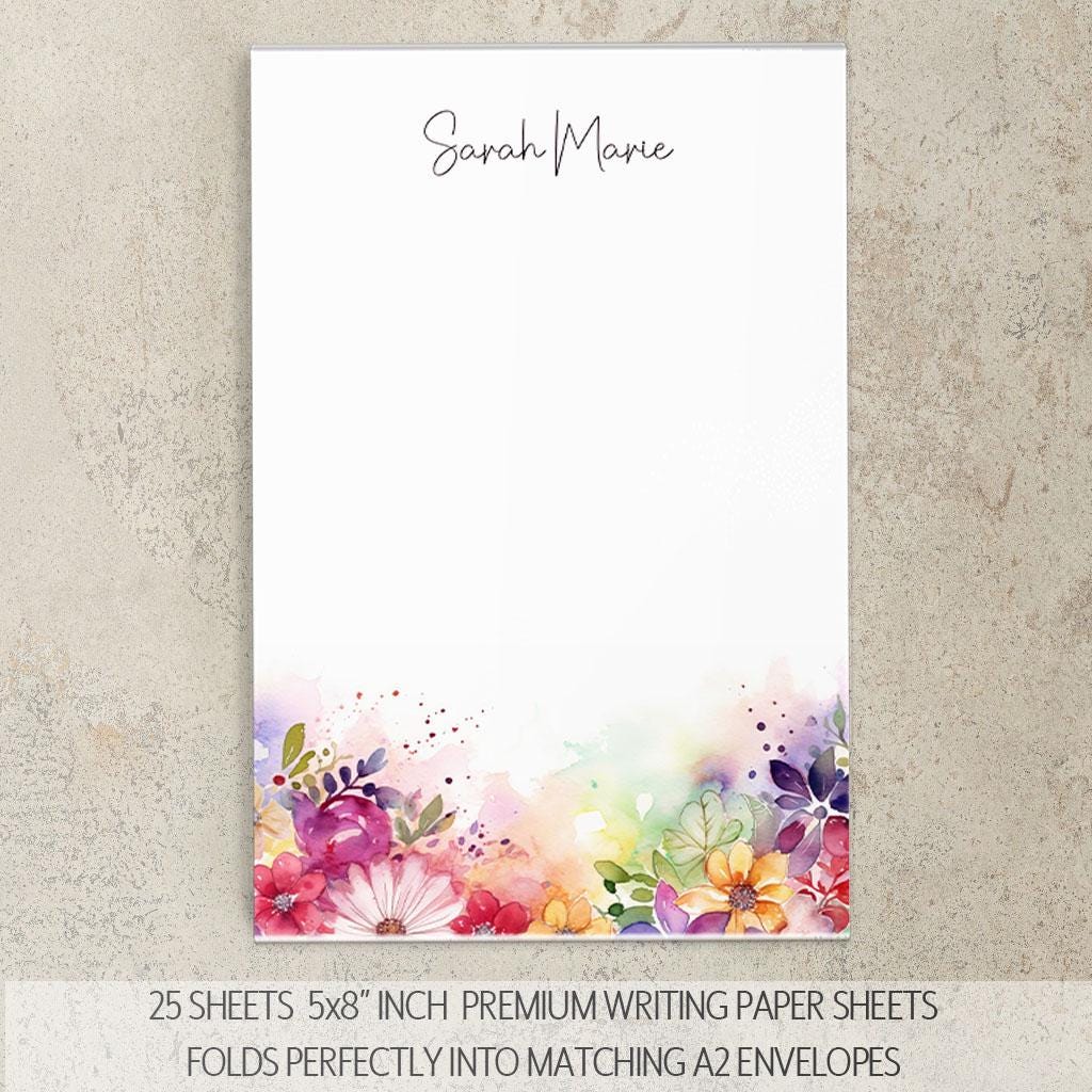 Personalized Stationery Set – Rainbow Wildflowers Letter Writing Gift Set with Pen & Notepad