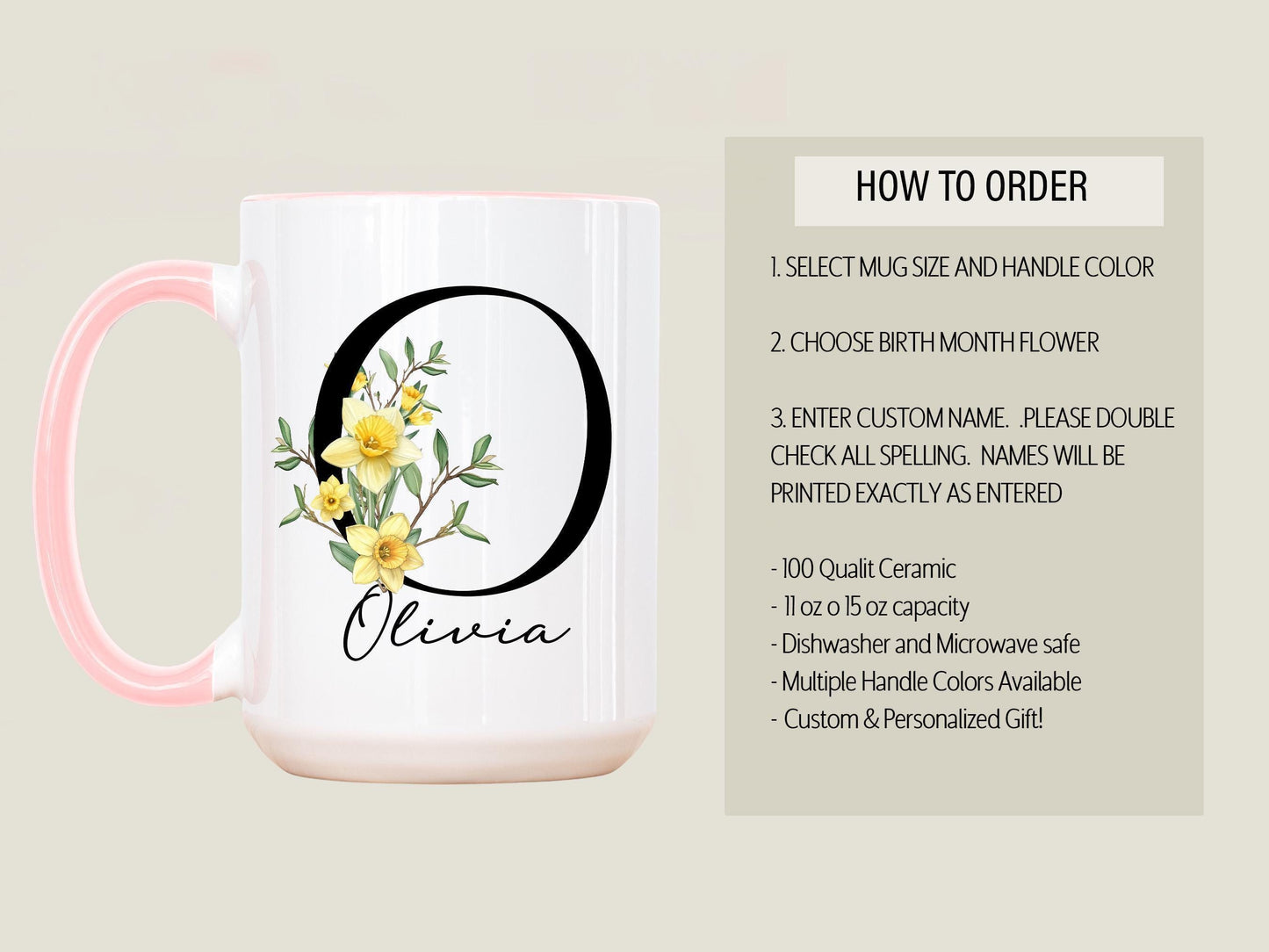 Custom Birth Flower Mug – Personalized Rose Flower Cup | Monogram Initial & Birthday Gift